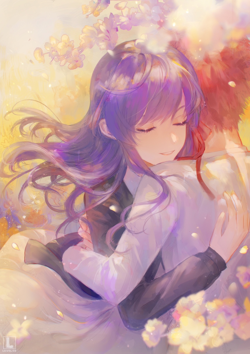 1boy, 1girl, absurdres, black_shirt, blouse, closed_eyes, couple, emiya_shirou