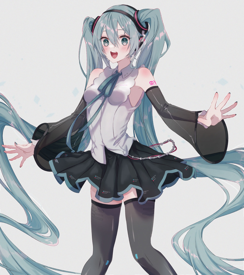 1girl, :d, aqua_hair, aqua_ribbon, arm_tattoo, armpits, black_hairband, black_skirt