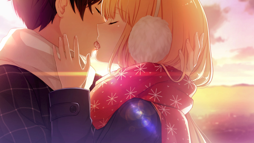 1boy, 1girl, akino_subaru, backlighting, bethly_rose_daisley, black_hair, blonde_hair, blush