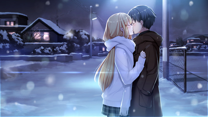 1boy, 1girl, akino_subaru, bethly_rose_daisley, black_hair, blonde_hair, brown_coat, closed_eyes
