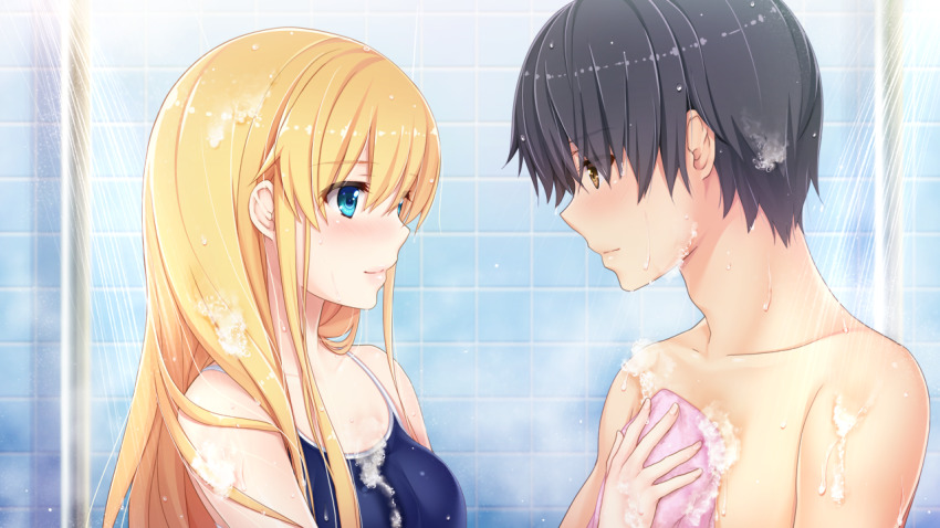 1boy, 1girl, akino_subaru, bethly_rose_daisley, blonde_hair, blue_eyes, blue_one-piece_swimsuit, blush