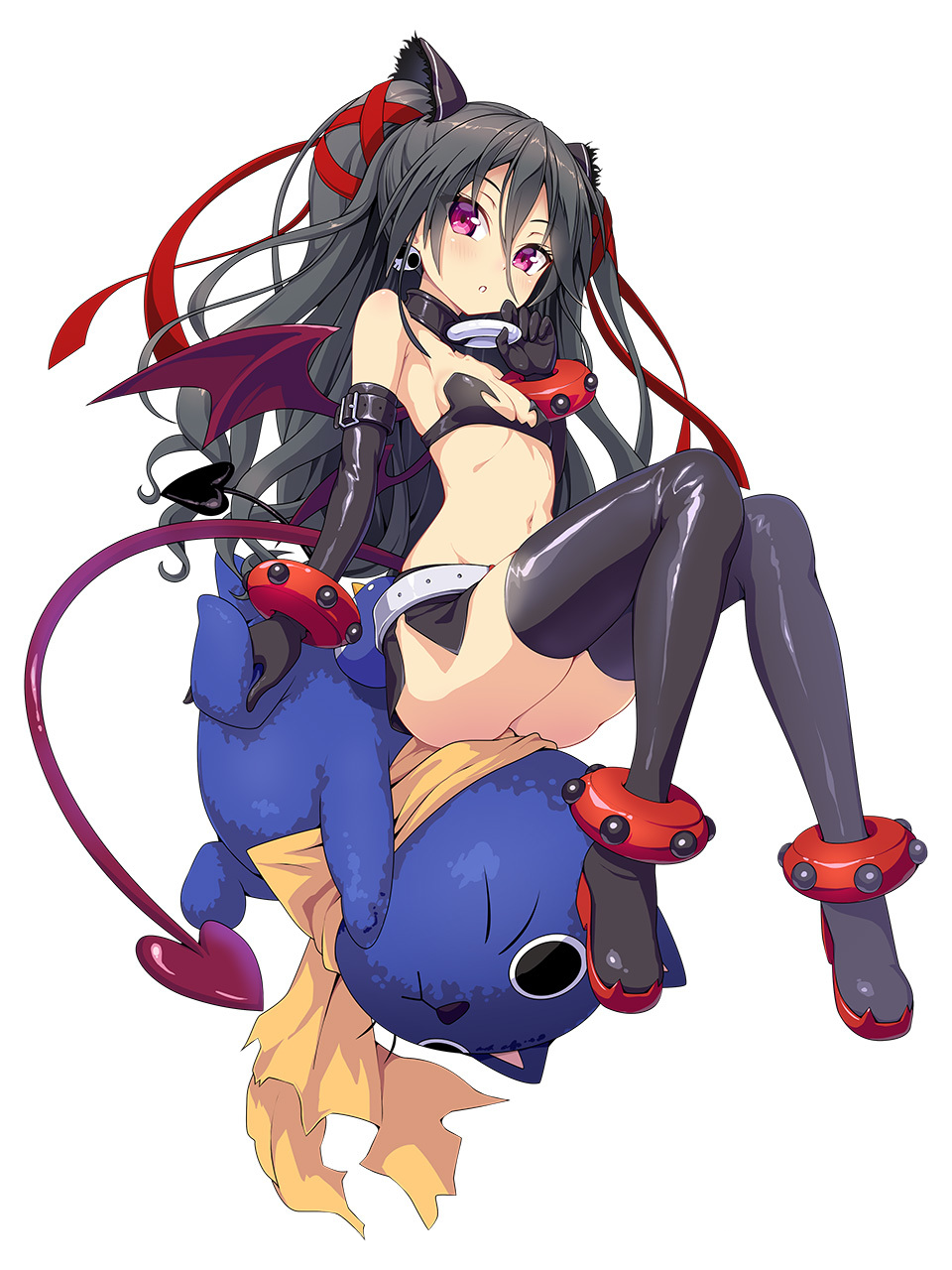 1girl, anklet, black_boots, black_choker, black_gloves, black_hair, blush, boots, bracelet, character_request, choker, cosplay, demon_girl, demon_tail, demon_wings, disgaea, earrings, elbow_gloves, etna_(disgaea), etna_(disgaea)_(cosplay), flat_chest, full_body, gloves, hair_ribbon, highres, himekawa_ayuri, jewelry, long_bangs, long_hair, looking_at_viewer, navel, non-web_source, o-ring, o-ring_choker, parted_lips, pear-shaped_figure, photoshop_(medium), pink_hair, prinny, prinny_(cosplay), red_tail, red_wings, ribbon, simple_background, skull_earrings, solo, strapless, tail, thigh_boots, thighhighs, two_side_up, venus_eleven_vivid!, white_background, wings