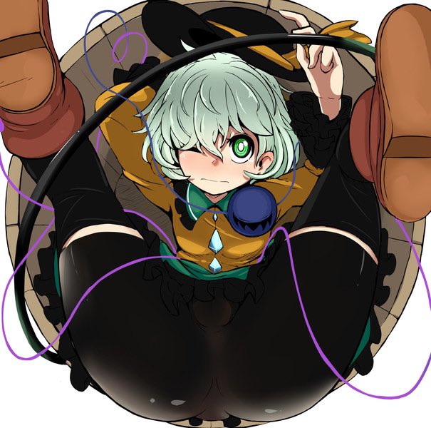 1girl, :|, ass, black_hat, black_thighhighs, blouse, blush, bow