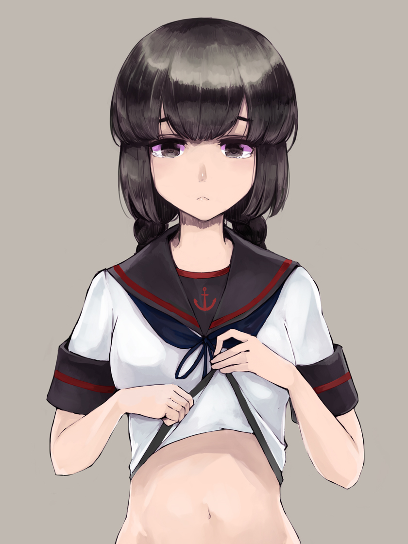 1girl, black_eyes, black_hair, black_sailor_collar, braid, closed_mouth, commentary_request, disgust