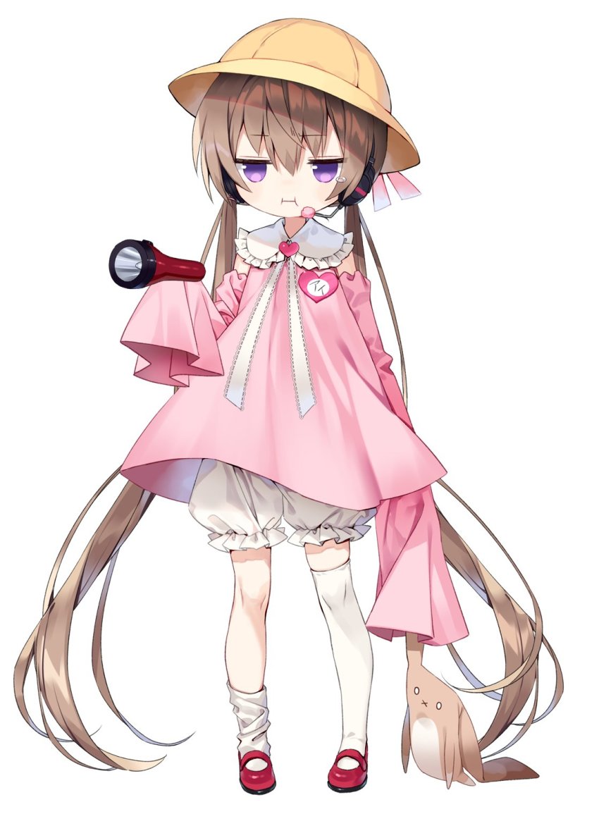 1girl, asymmetrical_legwear, bloomers, brown_hair, child, detached_sleeves, dress, flashlight, full_body, hat, headset, highres, holding, jitome, kitsune_ncv, long_hair, long_sleeves, mary_janes, pink_dress, pout, purple_eyes, red_shoes, school_hat, shoes, sleeves_past_fingers, sleeves_past_wrists, solo, stuffed_animal, stuffed_toy, thighhighs, tsukuyomi_ai, twintails, underwear, uneven_legwear, very_long_hair, voiceroid, white_background, white_bloomers, white_thighhighs, yellow_hat