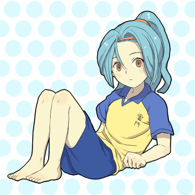 1boy, androgynous, barefoot, blue_hair, clothes_writing, feet, hairband, inazuma_eleven