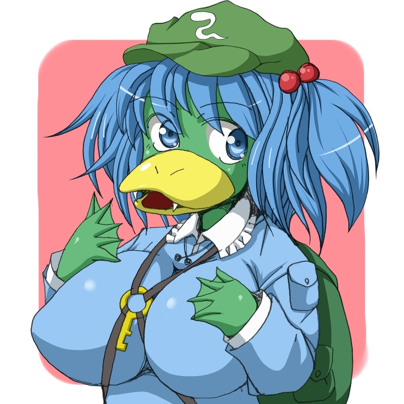 1girl, alternate_breast_size_(larger), backpack, bag, beak, between_breasts, blouse, blue_eyes