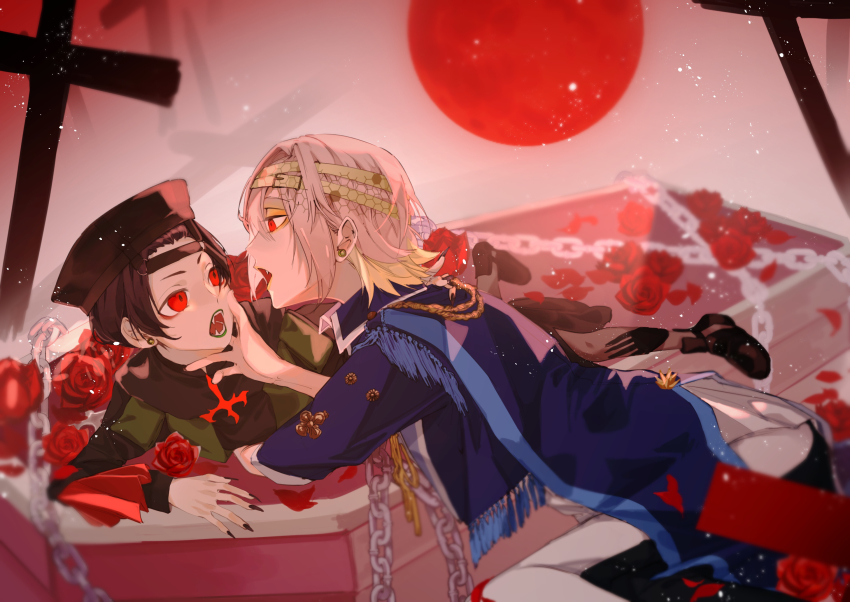 2boys, androgynous, bandana, blonde_hair, brown_hair, chain, coffin, cross, earrings, fangs, flower, hat, highres, incest, jack_mouton, jewelry, looking_at_another, male_focus, multiple_boys, open_mouth, piry, red_eyes, red_flower, red_rose, robin_laffite, rose, short_hair, siblings, stud_earrings, twins, vampire, visual_prison