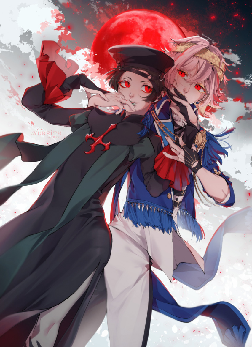 2boys, bandana, black_hair, blonde_hair, brothers, cloud, cloudy_sky, fangs, full_body, hat, highres, holding_hands, jack_mouton, looking_at_another, moon, moonlight, multiple_boys, night, red_eyes, red_moon, robin_laffite, siblings, sky, twins, vampire, visual_prison, yureith
