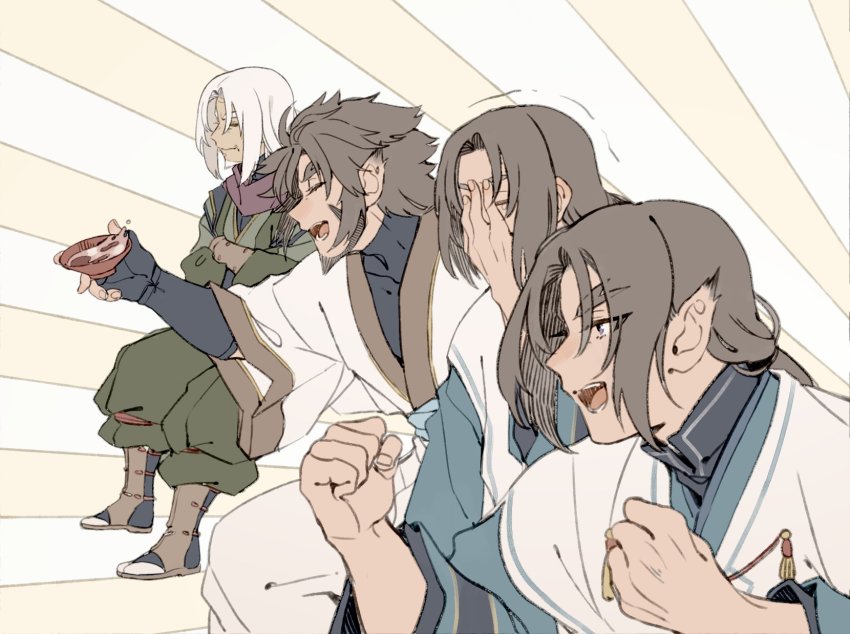 4boys, age_difference, aged_up, ainu_clothes, alcohol, aquaplus, beard, boots