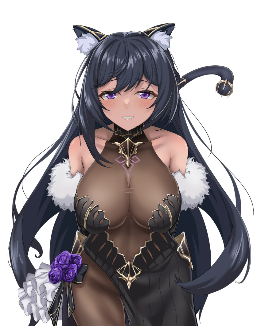 1girl, :3, absurdres, animal_ear_fluff, animal_ears, arms_behind_back, bare_shoulders, black_dress, black_ribbon, blue_hair, blush, bodystocking, braid, breasts, carmen_(counter:side), cat_ears, cat_tail, chest_tattoo, cleavage, collarbone, commentary, counter:side, cowboy_shot, dark-skinned_female, dark_blue_hair, dark_skin, dress, flower, fur_trim, gold_trim, grin, groin, highres, large_breasts, leaning_forward, long_hair, looking_at_viewer, purple_eyes, purple_flower, raised_eyebrows, ribbon, royalmonkey, side_slit, simple_background, smile, solo, tail, tail_ornament, tattoo, transparent_background, very_long_hair