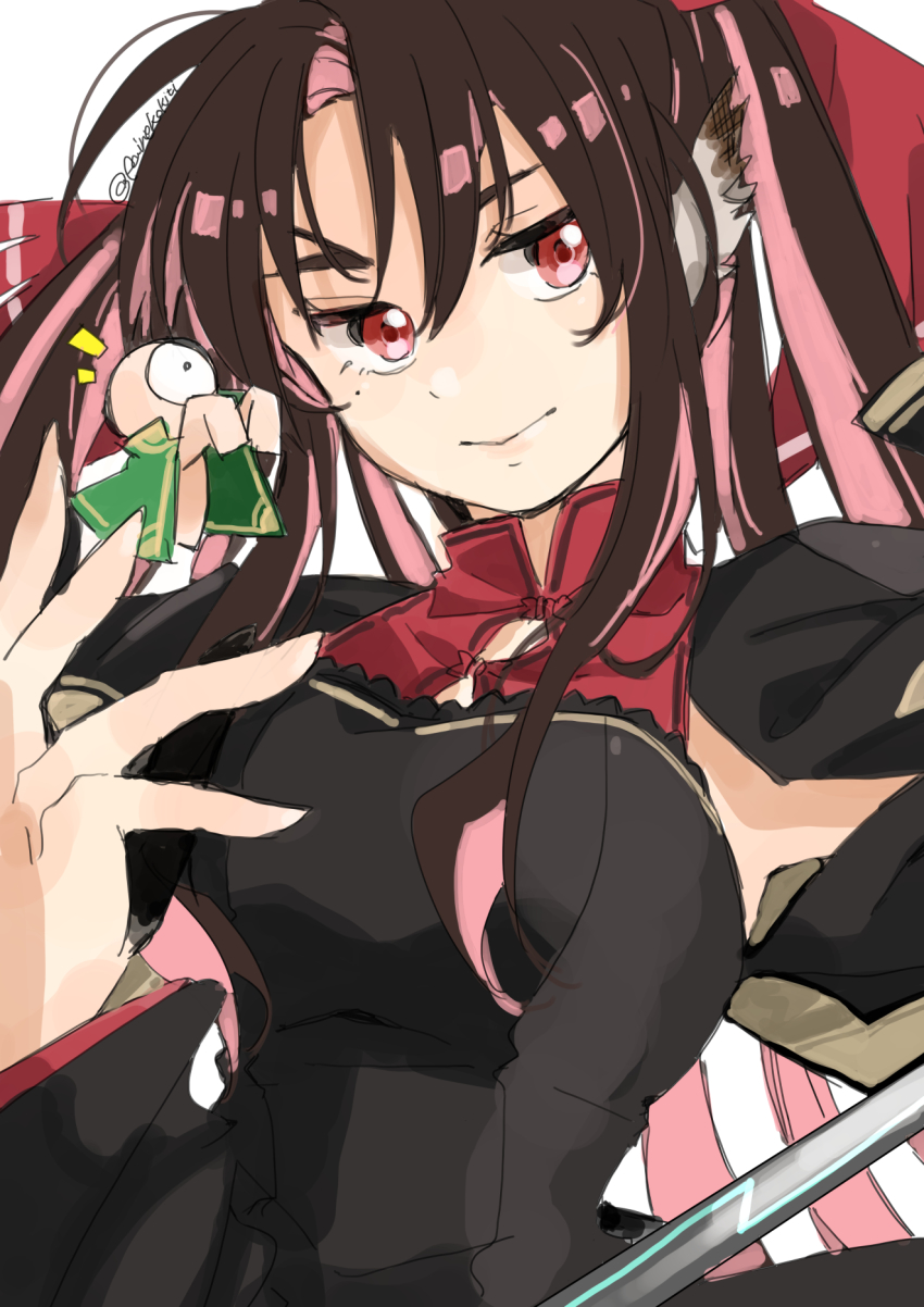 1girl, aged_up, animal_ears, aquaplus, arm_up, breasts, brown_hair, cait_sith_(utawarerumono:_lost_flag)