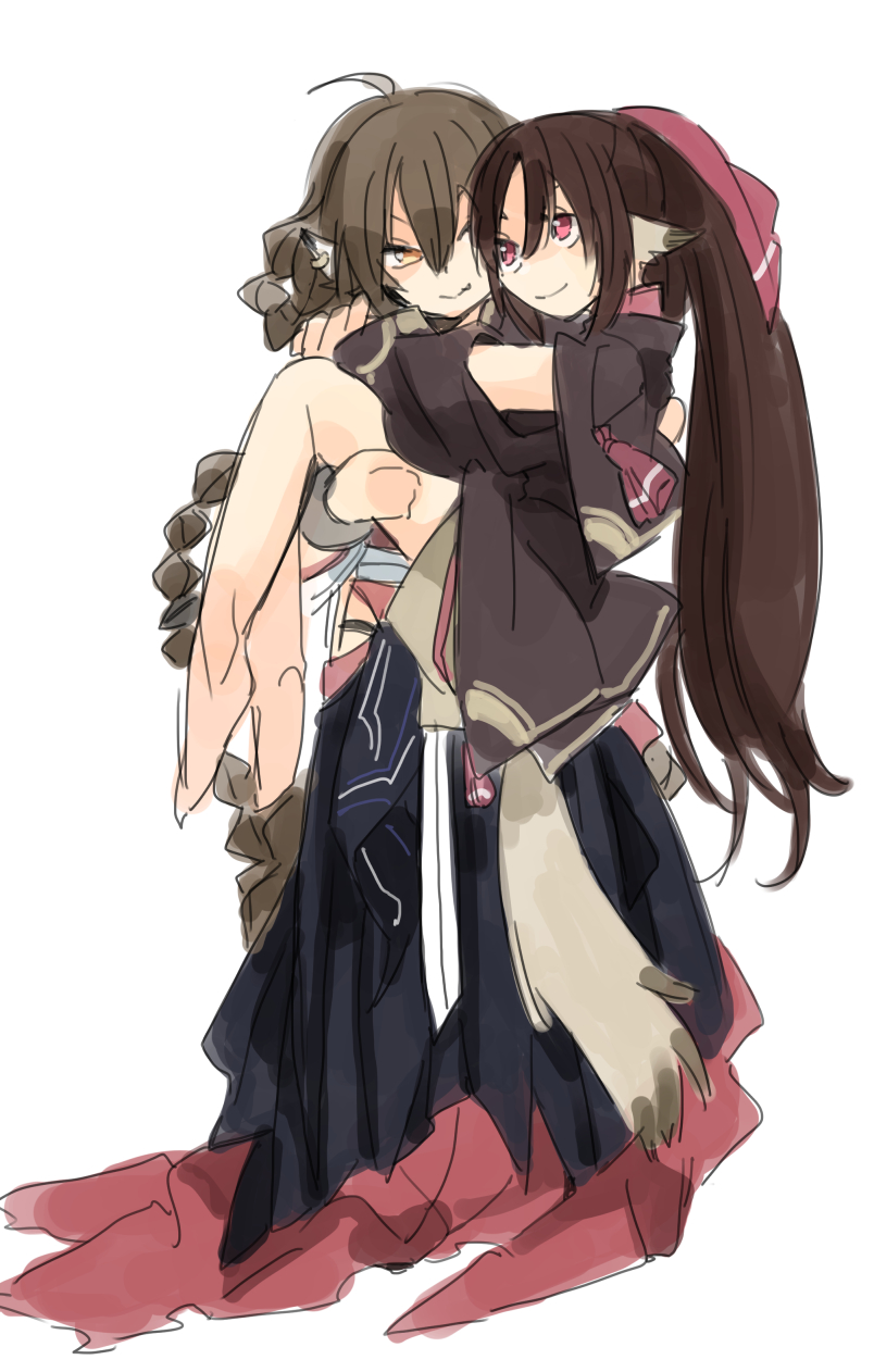 2girls, aged_up, ahoge, ainu_clothes, animal_ears, anju_(utawarerumono), aquaplus, bare_legs