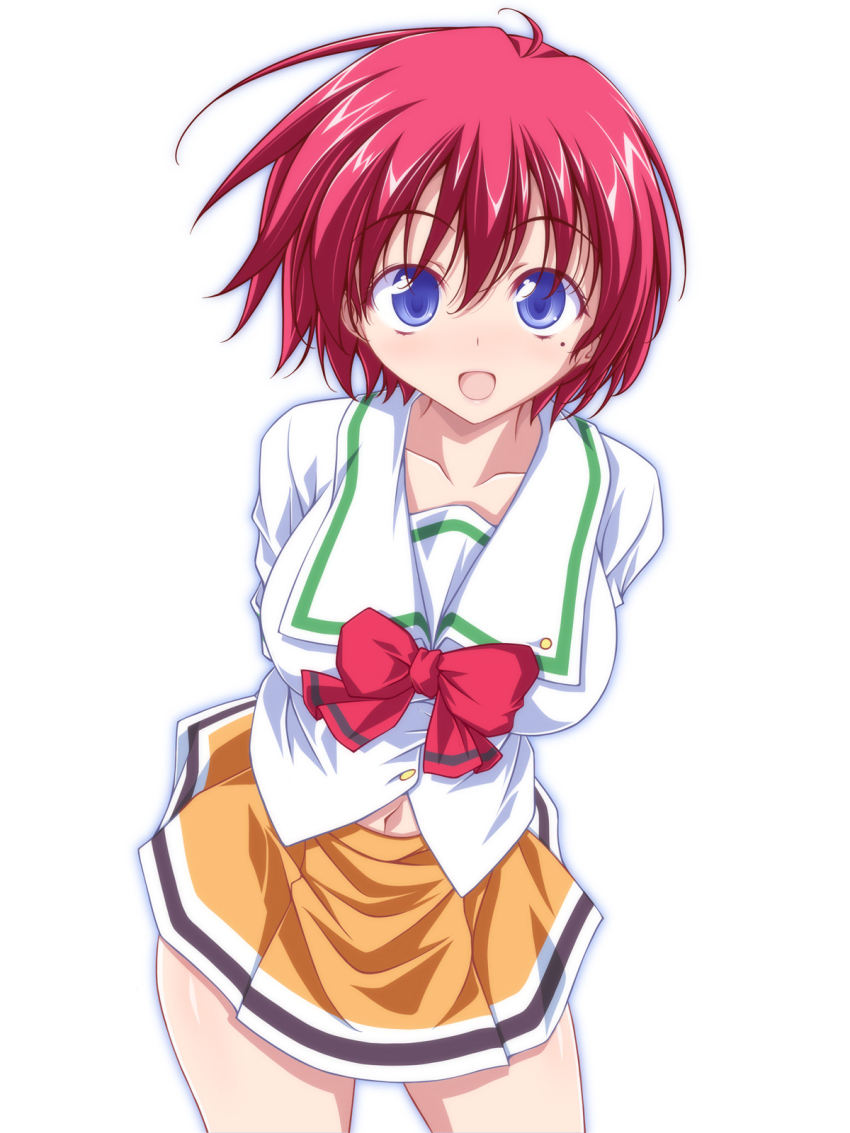 1girl, :d, arms_behind_back, blouse, bow, breasts, commentary_request, cowboy_shot