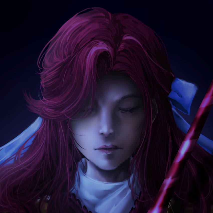 1girl, ascot, blouse, blue_background, closed_eyes, collared_shirt, commentary_request, cookie_run