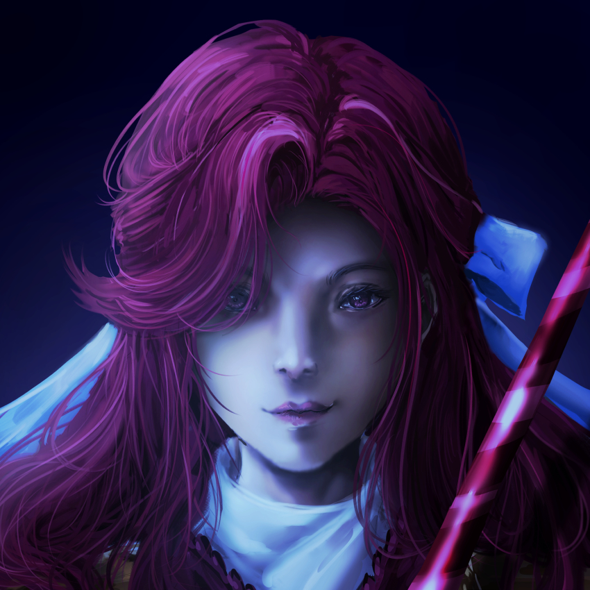 1girl, ascot, blouse, blue_background, collared_shirt, commentary_request, cookie_run, cookie_run:_kingdom