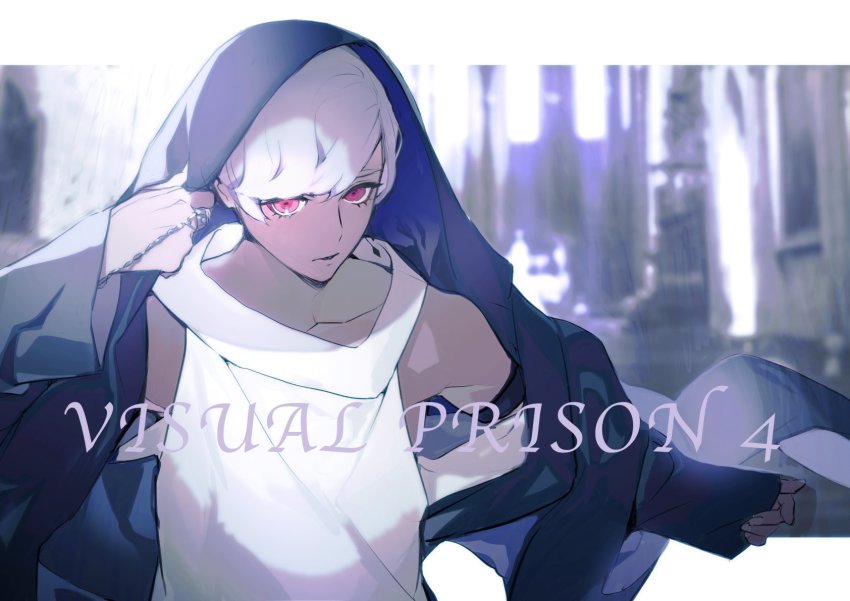 1boy, androgynous, black_jacket, blouse, dark-skinned_male, dark_skin, eve_louise, highres, hood, hoodie, jacket, katagiri_ikumi, long_sleeves, male_focus, red_eyes, shirt, sleeveless, sleeveless_shirt, solo, visual_prison, white_hair, white_shirt