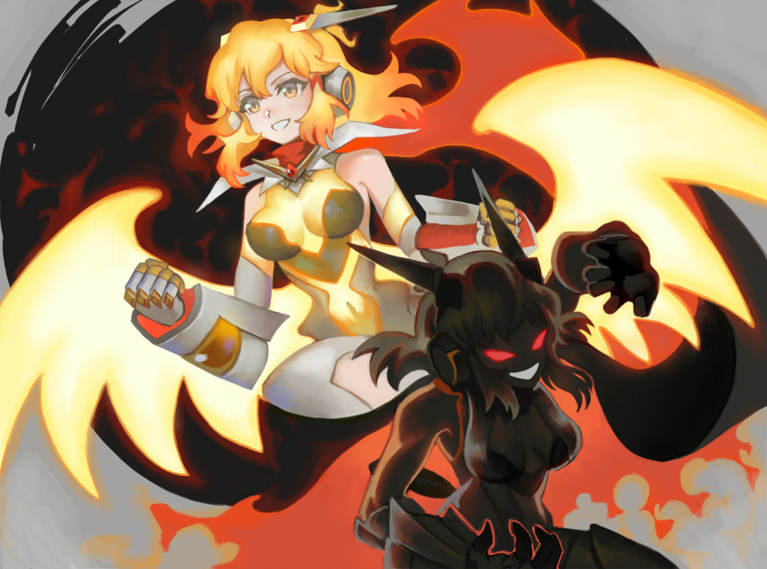 2girls, armor, black_circle, blonde_hair, claws, clenched_hands, evil_smile, fire, glowing, glowing_eyes, glowing_wings, multiple_girls, outline, red_eyes, red_outline, scarf, senki_zesshou_symphogear, shaded_face, shadow, smile, tachibana_hibiki_(symphogear), transformation, visqi, white_background, wings, x-drive_(symphogear), yellow_eyes