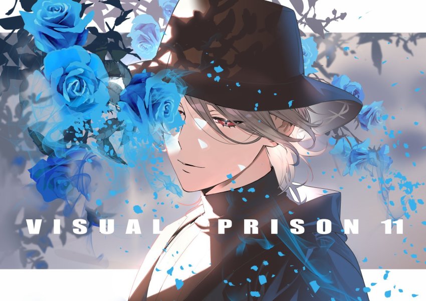 1boy, black_hat, blonde_hair, blouse, blue_flower, blue_rose, copyright_name, floral_background