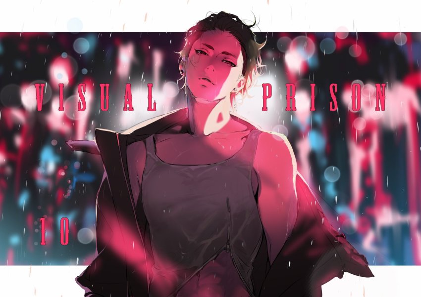 1boy, abs, black_hair, blouse, grey_jacket, grey_shirt, highres, jacket, katagiri_ikumi, looking_at_viewer, male_focus, multicolored_clothes, multicolored_hair, muscular, muscular_male, red_eyes, red_hair, saga_latour, shirt, short_hair, solo, tank_top, visual_prison