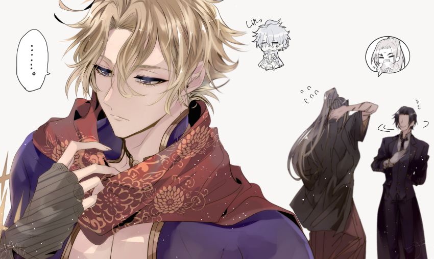 3boys, absurdres, blonde_hair, chibi, chibi_inset, fingerless_gloves, gloves, high_ponytail, highres, long_hair, male_focus, multiple_boys, ponytail, poseidon_(shuumatsu_no_valkyrie), sasaki_kojirou_(shuumatsu_no_valkyrie), short_hair, shuumatsu_no_valkyrie, simple_background, sirofuku414, tuxedo, white_background, white_gloves, white_hair