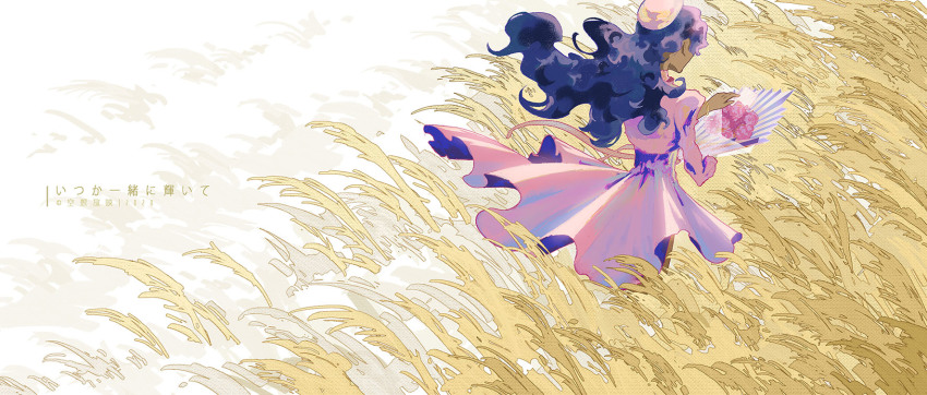 1girl, bouquet, bracelet, dress, facing_away, field, flower, hat