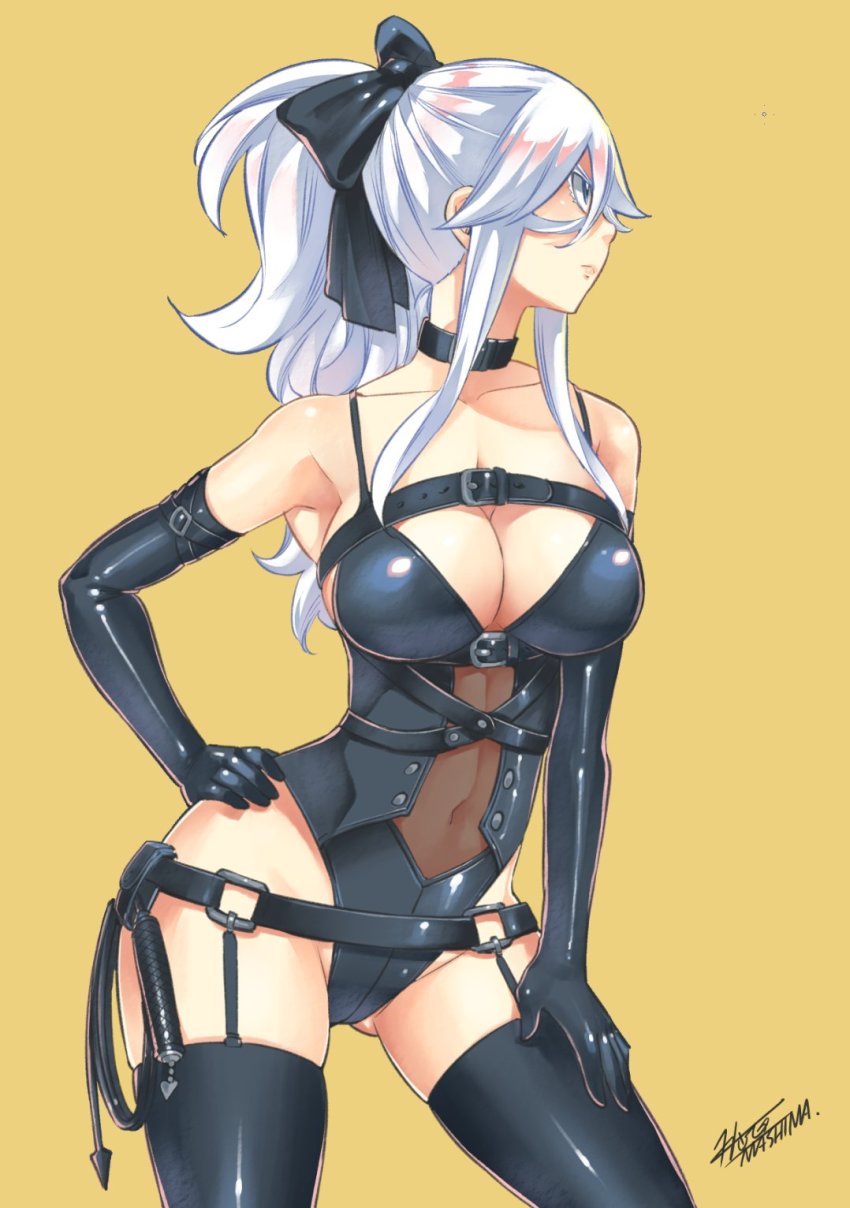 1girl, black_thighhighs, blue_eyes, breasts, cleavage, eden's_zero, hand_on_own_hip, hand_on_own_thigh