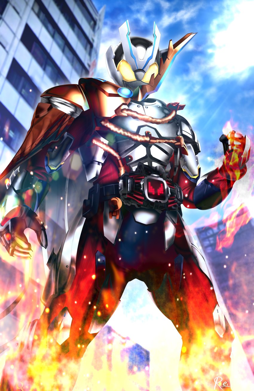 1boy, absurdres, armor, asymmetrical_armor, blue_eyes, bug, demons_driver, rider_belt, fire, henshin, highres, horns, kamen_rider, kamen_rider_over_demons, kamen_rider_revice, red_eyes, reiei_8, shoulder_armor, side_cape, silk, single_horn, spoilers, stag_beetle, thighs, tokusatsu, transformation