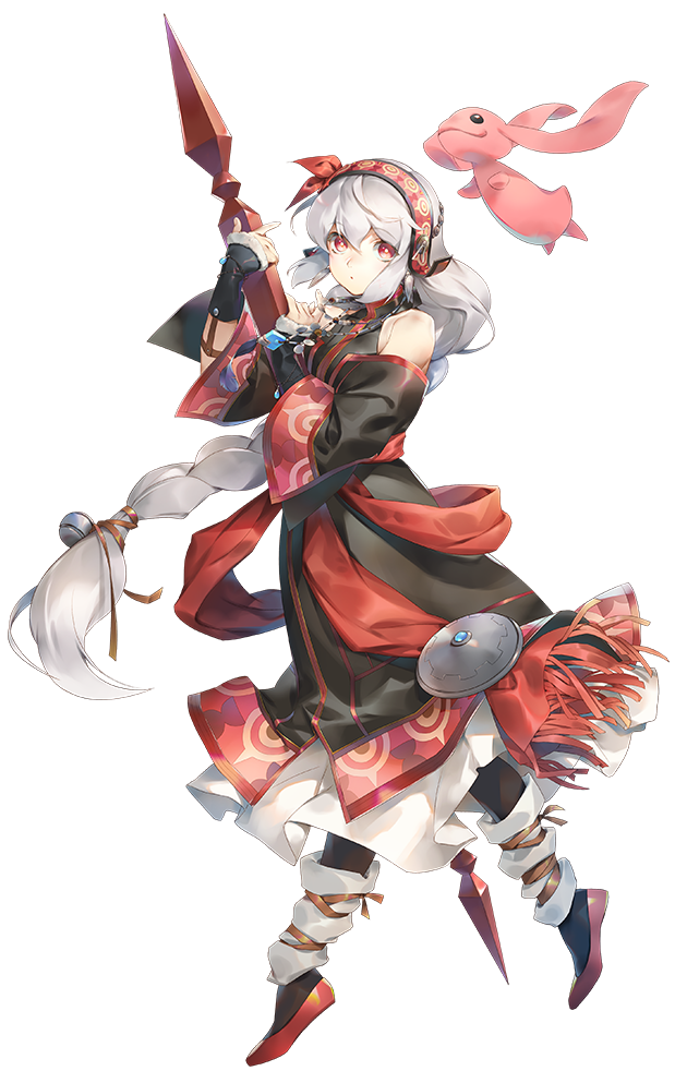 1girl, absurdly_long_hair, ainu_clothes, aquaplus, arms_up, bare_shoulders, black_eyes, bracelet, braid, breasts, bright_pupils, dress, from_side, full_body, gradient_eyes, gradient_hair, hair_between_eyes, hairband, haru_(monochrome_mobius), holding, holding_polearm, holding_spear, holding_weapon, jewelry, leggings, long_hair, long_sleeves, looking_at_viewer, low-tied_long_hair, medium_breasts, mi_(artist), monochrome_mobius, multicolored_eyes, multicolored_hair, necklace, nose, off_shoulder, official_art, parted_lips, polearm, rabbit, rabbit_ears, raised_eyebrows, red_eyes, robot, shunya, sidelocks, single_braid, spear, standing, transparent_background, utawarerumono, very_long_hair, weapon, white_hair, white_pupils, wide_sleeves