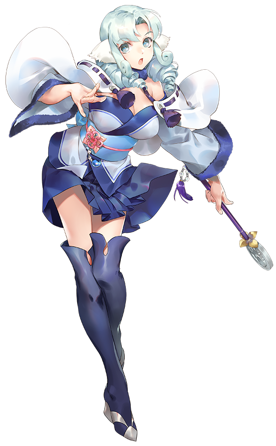 1girl, aged_down, animal_ears, aquaplus, arm_up, blue_eyes, blue_hair, blue_sash, boots, breasts, bright_pupils, cleavage, cleavage_cutout, clothing_cutout, curly_hair, full_body, gradient_eyes, gradient_hair, hair_over_shoulder, holding, holding_wand, holding_weapon, japanese_clothes, kimono, large_breasts, leaning_forward, leg_up, legs_together, long_legs, long_sleeves, looking_at_viewer, medium_hair, mi_(artist), monochrome_mobius, multicolored_eyes, multicolored_hair, munechika, nose, off_shoulder, official_art, open_mouth, parted_bangs, raised_eyebrows, sash, sidelocks, skirt, sleeveless, sleeveless_kimono, solo, standing, standing_on_one_leg, thigh_boots, thighhighs, thighs, thighs_together, transparent_background, utawarerumono, utawarerumono:_itsuwari_no_kamen, wand, weapon, white_pupils, wide_sleeves