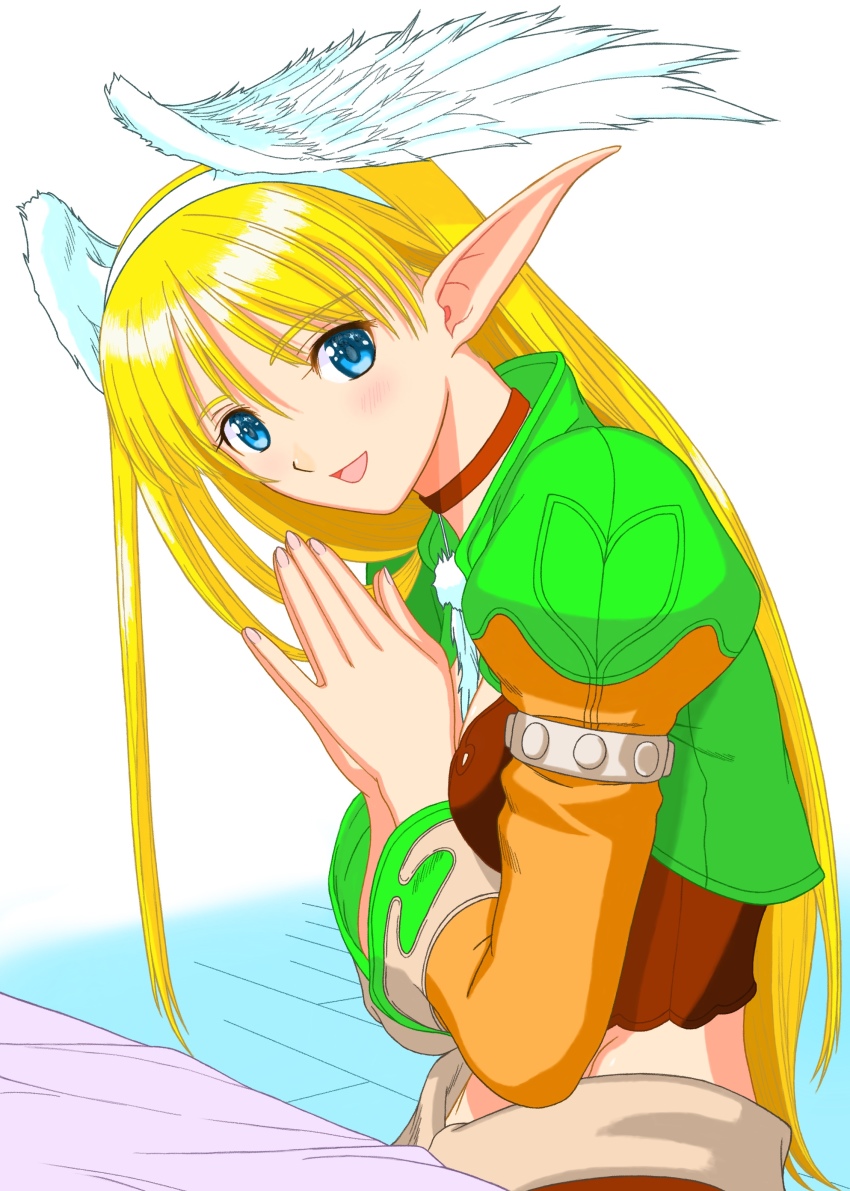 1girl, absurdres, blonde_hair, blue_eyes, blush, breasts, choker, cleavage, collar, elf, elwing, elwing_ra-nah_sylphith, feathers, female_focus, hair_ornament, hairband, head_wings, highres, long_hair, looking_at_viewer, midriff, pointy_ears, shining_(series), shining_tears, shining_tears_x_wind, shining_wind, shining_world, smile, solo, tagme, tony_taka, wings