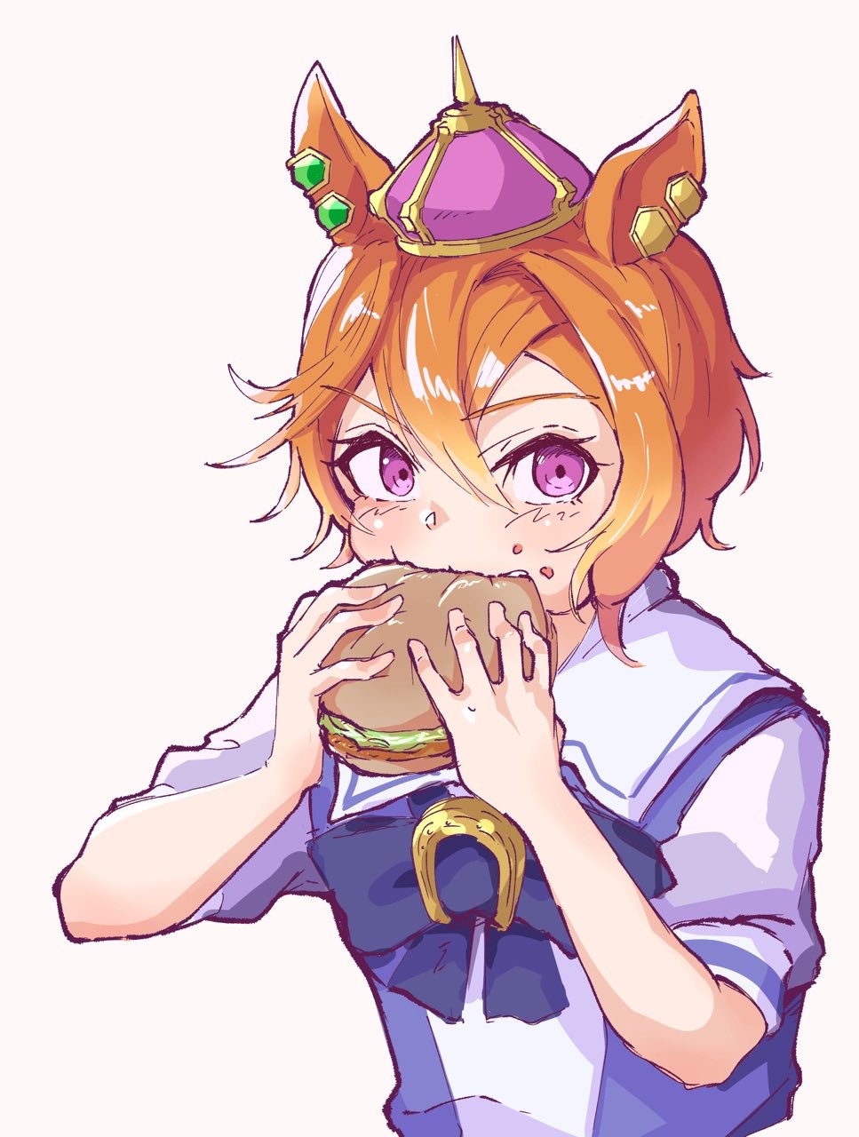 1girl, animal_ears, blouse, blush, burger, crown, ear_piercing, eating