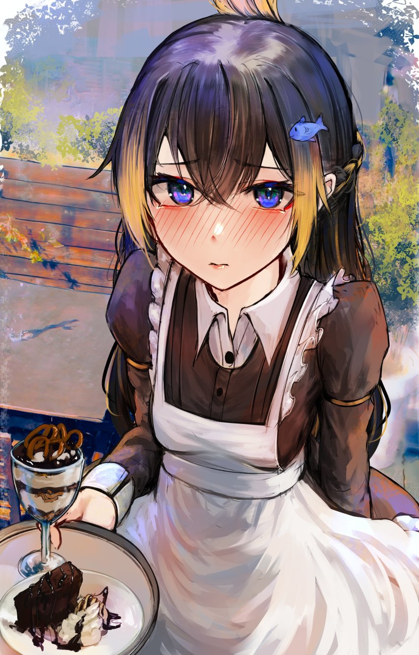 absurdres, alternate_hairstyle, apron, bench, black_dress, black_hair, blouse, blue_eyes, blurry, blurry_background, blush, braid, cake, chocolate_cake, collared_shirt, crossed_bangs, dress, embarrassed, fish_hair_ornament, food, french_braid, hair_ornament, half_updo, highres, holding, holding_plate, long_hair, long_sleeves, looking_at_viewer, maid, maid_day, milkshake, multicolored_hair, naokomama, nijisanji, nijisanji_en, obsydia_(nijisanji), orange_hair, parfait, penguin_girl, petra_gurin, plate, shirt, virtual_youtuber, white_apron, white_shirt
