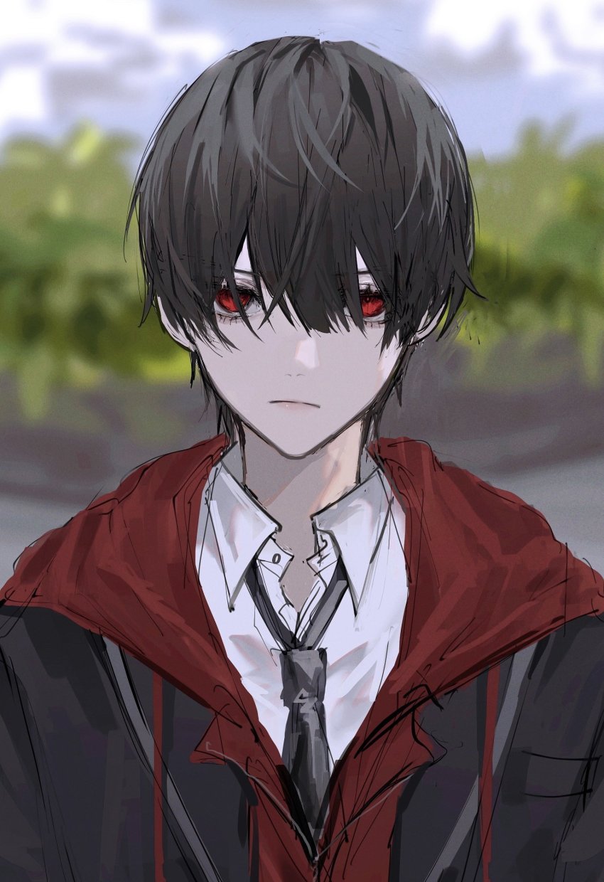 1boy, black_hair, black_necktie, blurry, blurry_background, closed_mouth, frown, hair_between_eyes