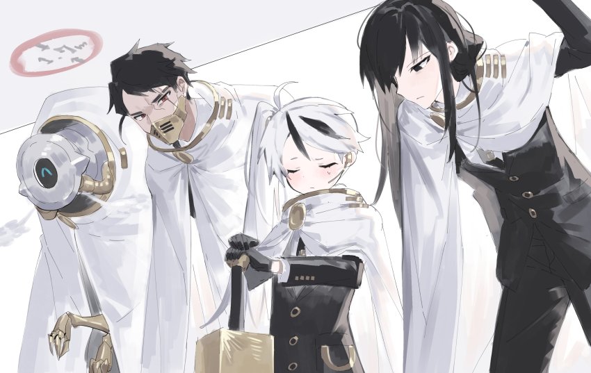 3boys, ^_^, black_eyes, black_gloves, black_hair, black_jacket, black_pants, cape, closed_eyes, closed_mouth, clothed_robot, earpiece, esther_(project_moon), gloria_(project_moon), gloves, highres, hubert_(library_of_ruina), jacket, korean_commentary, library_of_ruina, long_hair, male_focus, maratang, mask, mouth_mask, multicolored_hair, multiple_boys, pants, ponytail, project_moon, red_eyes, robot, scar, scar_on_face, side_ponytail, smoke, streaked_hair, sweat, white_cape, yan_vismok