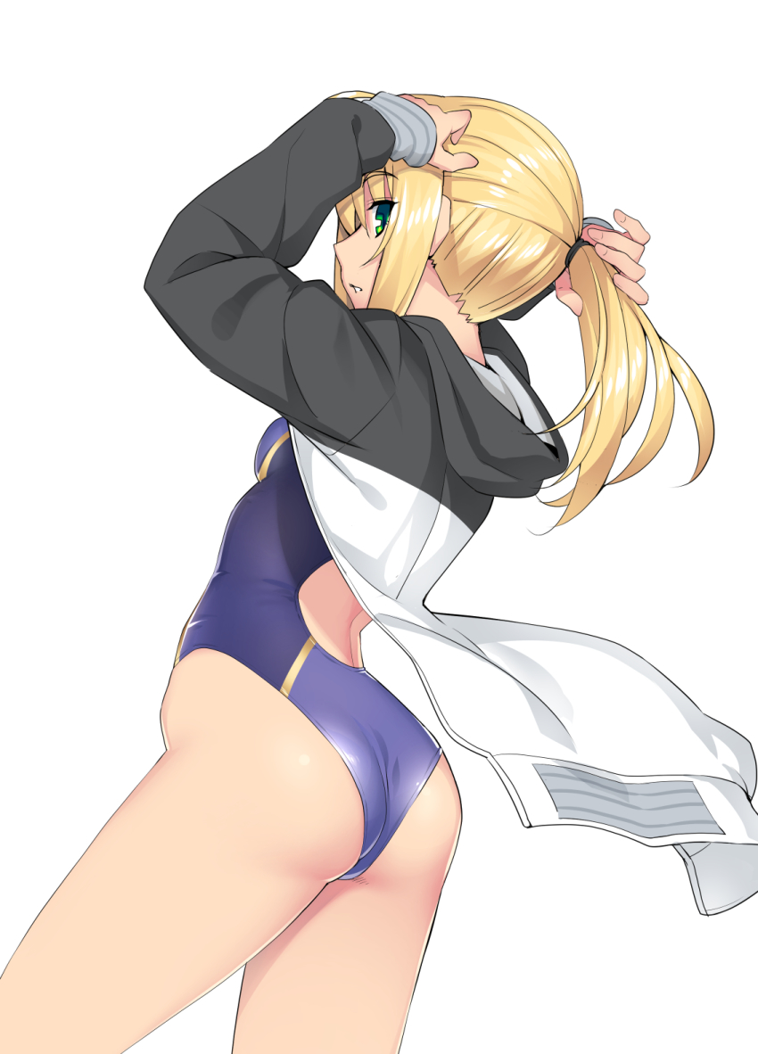 1girl, ahoge, arms_up, artoria_pendragon_(fate), ass, blonde_hair, blue_one-piece_swimsuit, blush, breasts, competition_swimsuit, fate/stay_night, fate_(series), green_eyes, highleg, highleg_one-piece_swimsuit, highres, hood, hooded_jacket, jacket, long_hair, long_sleeves, looking_at_viewer, looking_back, namonashi, one-piece_swimsuit, open_clothes, open_jacket, saber_(fate), saber_(summer_battle_clothes)_(fate), saber_(swimsuit_archer)_(second_ascension)_(fate), sidelocks, small_breasts, solo, swimsuit, white_background