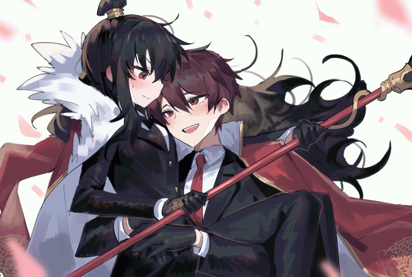 1boy, 1girl, black_gloves, black_hair, black_jacket, black_necktie, black_pants, blush