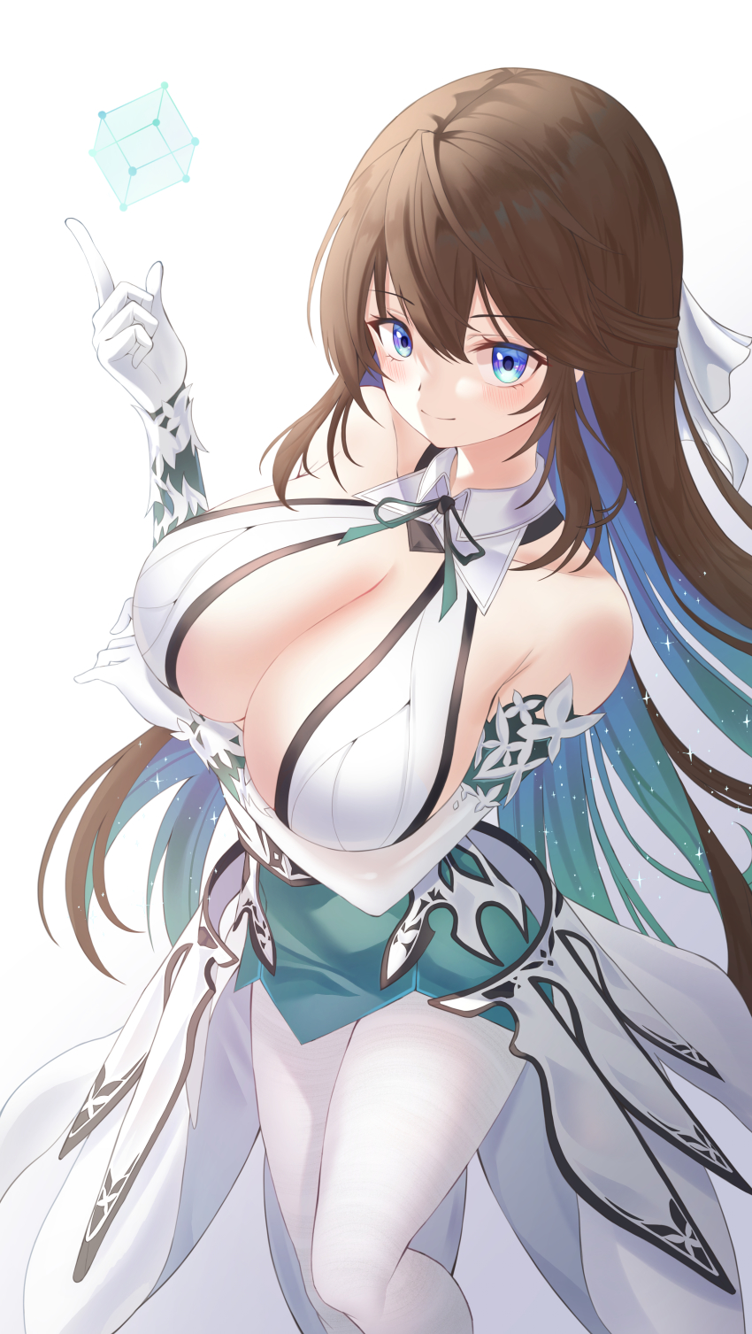 1girl, absurdres, arm_under_breasts, bare_shoulders, blue_eyes, blue_hair, blush, breasts