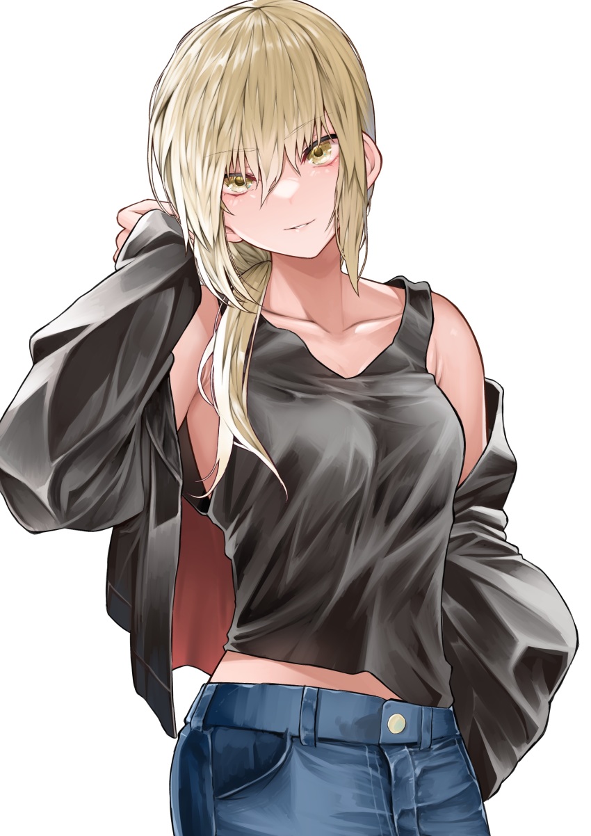 1girl, absurdres, artoria_pendragon_(fate), black_jacket, black_tank_top, blonde_hair, blue_pants, braid