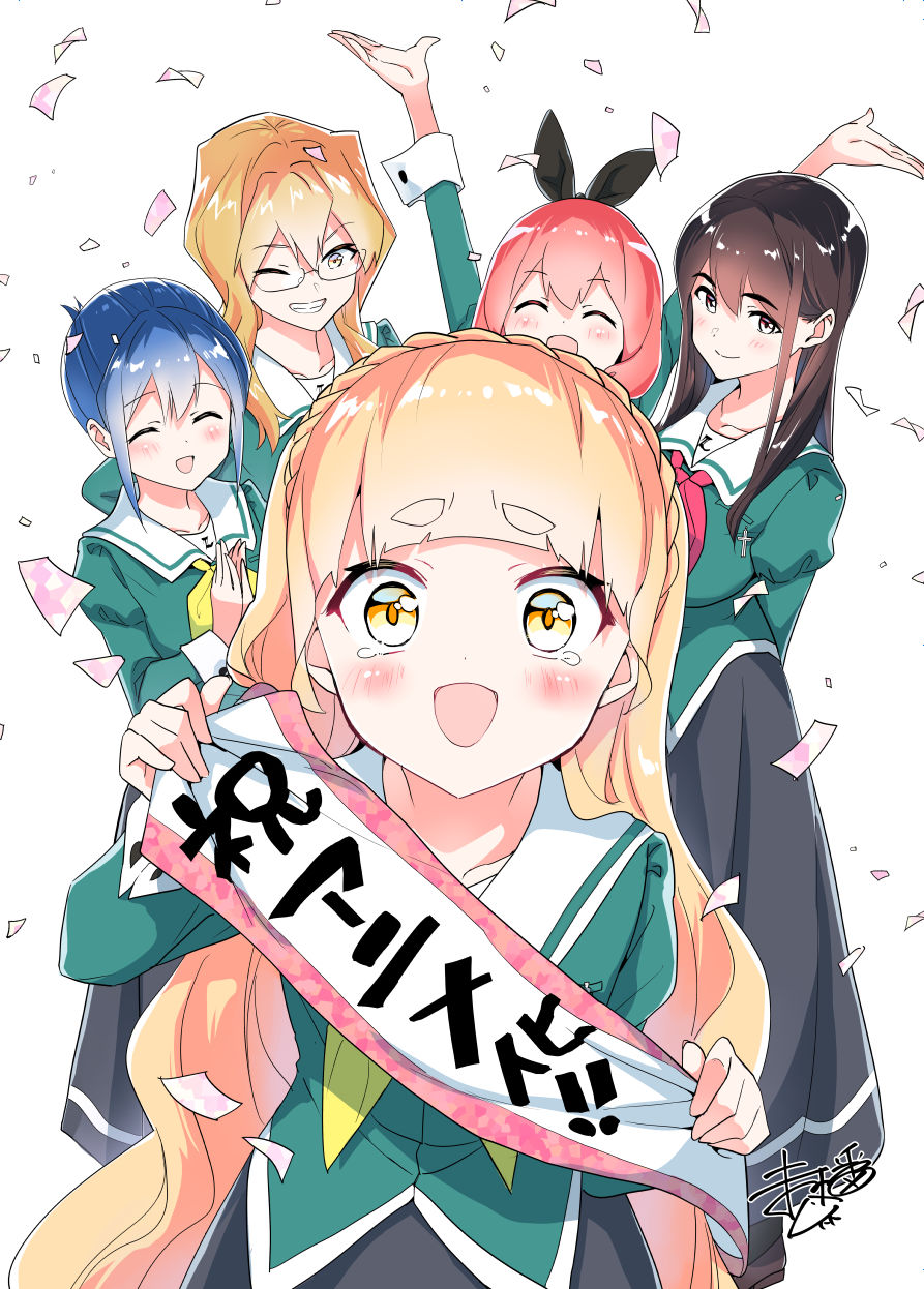 5girls, :d, ;), ^_^, black_hair, blonde_hair, blue_hair, blunt_bangs