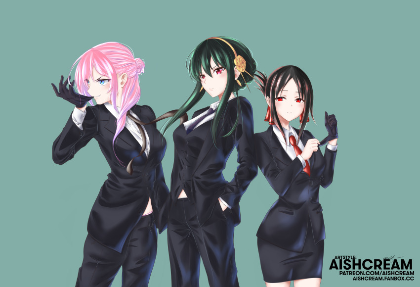 3girls, absurdres, adjusting_clothes, adjusting_gloves, aishcream24, alternate_costume, artist_name, black_gloves, black_hair, black_necktie, blouse, blue_necktie, braid, braided_bun, fanbox_username, female_focus, formal_clothes, gloves, green_background, hair_bun, hair_ribbon, hairband, highres, jacket, kaguya-sama_wa_kokurasetai_~tensai-tachi_no_renai_zunousen~, kawaii_dake_ja_nai_shikimori-san, long_hair, multiple_girls, necktie, parted_bangs, patreon_username, pencil_skirt, pink_hair, red_necktie, ribbon, shikimori_miyako, shinomiya_kaguya, shirt, single_hair_bun, skirt, spy_x_family, suit, suit_jacket, white_shirt, yor_briar