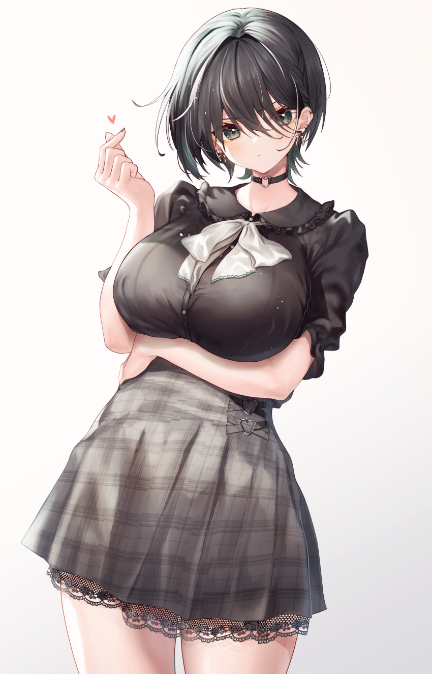 1girl, absurdres, black_hair, breasts, choker, dress, earrings, frills