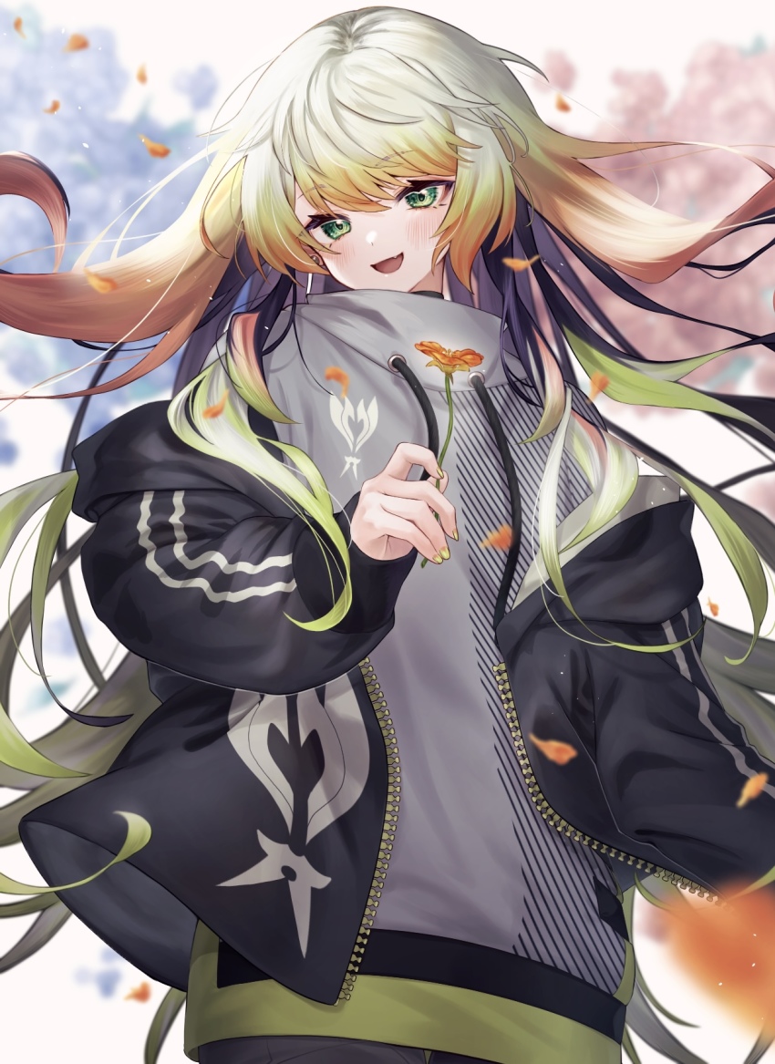 1girl, 1other, black_jacket, blonde_hair, choker, fang, flower, gradient_hair