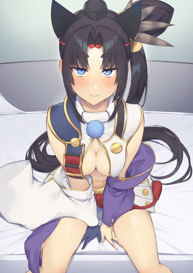 1girl, black_hair, black_hat, blue_eyes, blush, breast_curtains, breasts, commentary_request