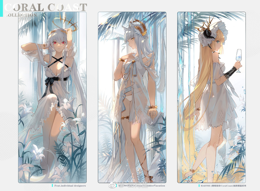 3girls, absurdly_long_hair, alternate_costume, animal_ears, ankler, arknights, artist_name, bare_shoulders, barefoot, bikini, black_bow, blonde_hair, blue_eyes, blunt_bangs, bonnet, bow, bracelet, breasts, cleavage, criss-cross_halter, cup, detached_sleeves, dress, drink, drinking_glass, flower, halo, halter_dress, halterneck, hand_on_own_chest, hands_in_own_hair, highres, holding, holding_cup, horns, horns_through_headwear, horse_ears, jewelry, laurel_crown, leg_up, lily_(flower), long_hair, medium_breasts, multiple_girls, nightingale_(arknights), off-shoulder_dress, off_shoulder, official_alternate_costume, parted_lips, pillar, platinum_(arknights), platinum_(shimmering_dew)_(arknights), puffy_short_sleeves, puffy_sleeves, red_eyes, see-through_clothes, short_sleeves, sitting, skadi_(arknights), standing, swimsuit, swimsuit_cover-up, thighlet, third-party_source, underbust, very_long_hair, water, watermark, weibo_watermark, white_bikini, white_dress, white_flower, white_headwear, yellow_eyes, zhanzhan_lan