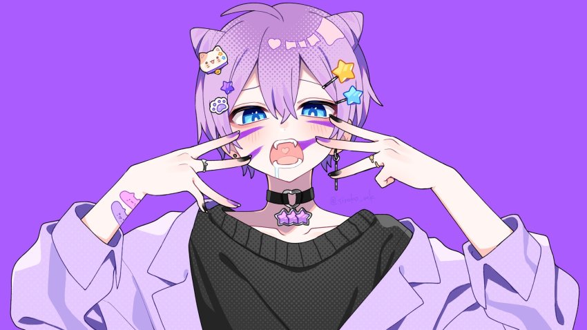 1boy, ahoge, animal_(vocaloid), bandaid, bandaid_on_arm, bat_hair_ornament, black_choker, black_nails, black_shirt, blouse, blue_eyes, blush, bow, cat_hair_ornament, choker, collarbone, commentary_request, cone_hair_bun, drooling, earrings, facial_mark, fangs, hair_bow, hair_bun, hair_ornament, hairclip, heart, heart_choker, highres, hololive, jewelry, looking_at_viewer, nail_polish, nekomata_okayu, official_art, open_mouth, paw_hair_ornament, purple_background, purple_hair, purple_nails, saliva, shiroko_(purinkirin), shirt, short_hair, simple_background, solo, star_(symbol), star_hair_ornament, virtual_youtuber, vocaloid, yupekun