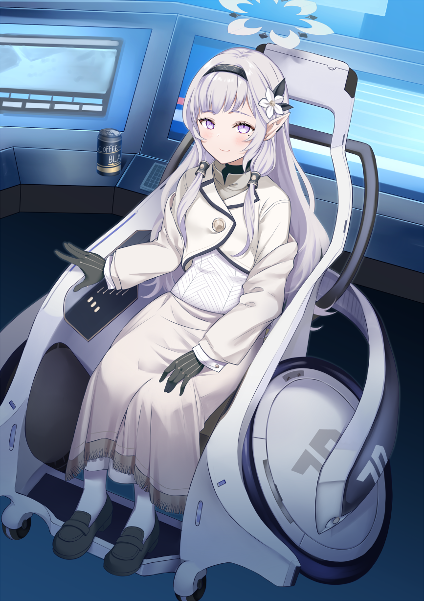 1girl, black_gloves, blue_archive, flower, gloves, hair_flower, hair_ornament, hair_tubes, halo, highres, himari_(blue_archive), indoors, long_hair, long_sleeves, mashiro_aa, pointy_ears, powered_wheelchair, purple_eyes, robe, sitting, smile, solo, wheelchair, white_hair, white_robe