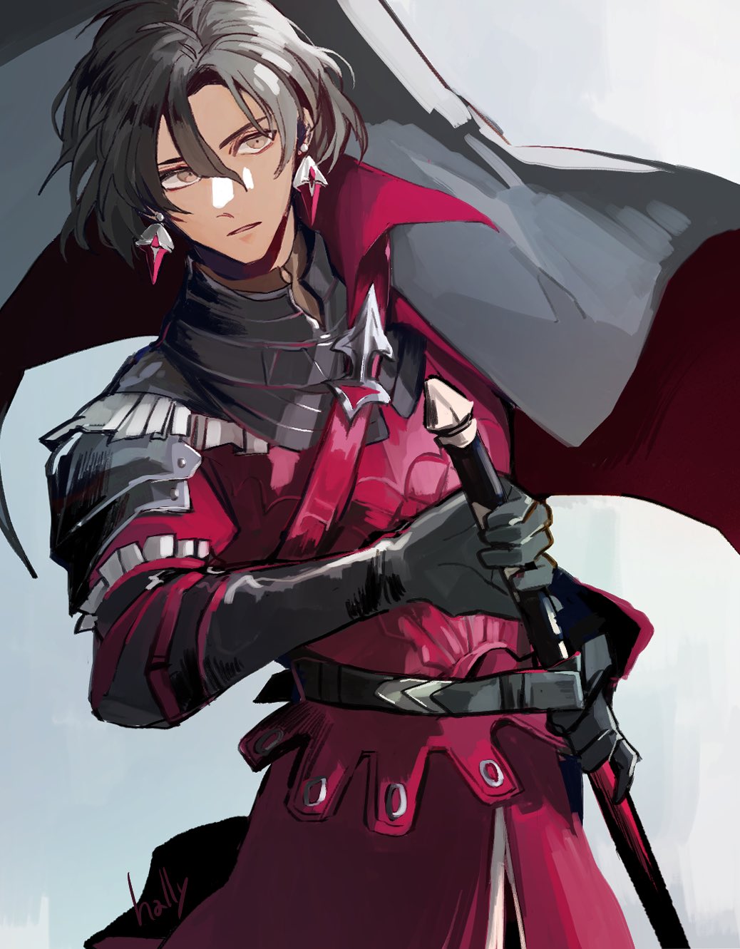 1boy, armor, black_cape, black_gloves, black_hair, cape, commentary_request, constantine_xi_(fate), constantine_xi_(second_ascension)_(fate), drawing_sword, earrings, expressionless, fate/grand_order, fate_(series), fighting_stance, gloves, grey_eyes, hally, highres, holding, holding_sword, holding_weapon, jewelry, looking_away, male_focus, medium_hair, official_alternate_costume, ready_to_draw, solo, sword, upper_body, weapon