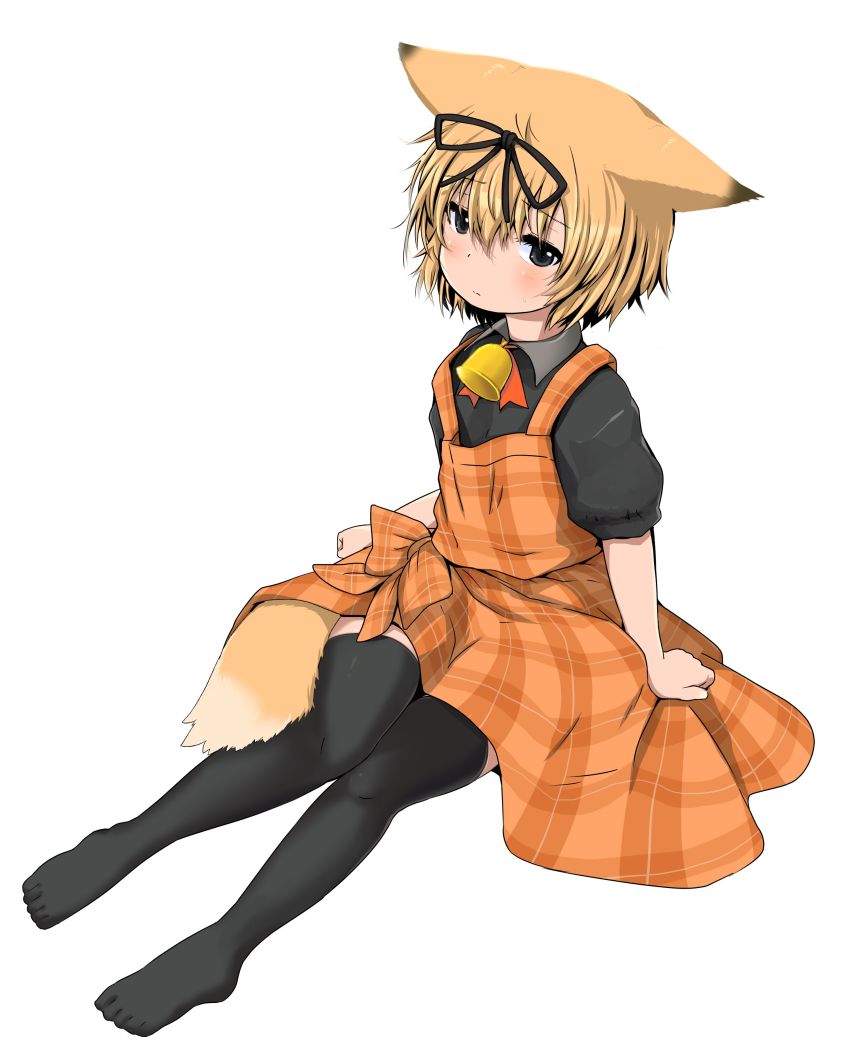 1girl, absurdres, aizawa_shin, animal_ears, bell, black_eyes, black_thighhighs, blonde_hair