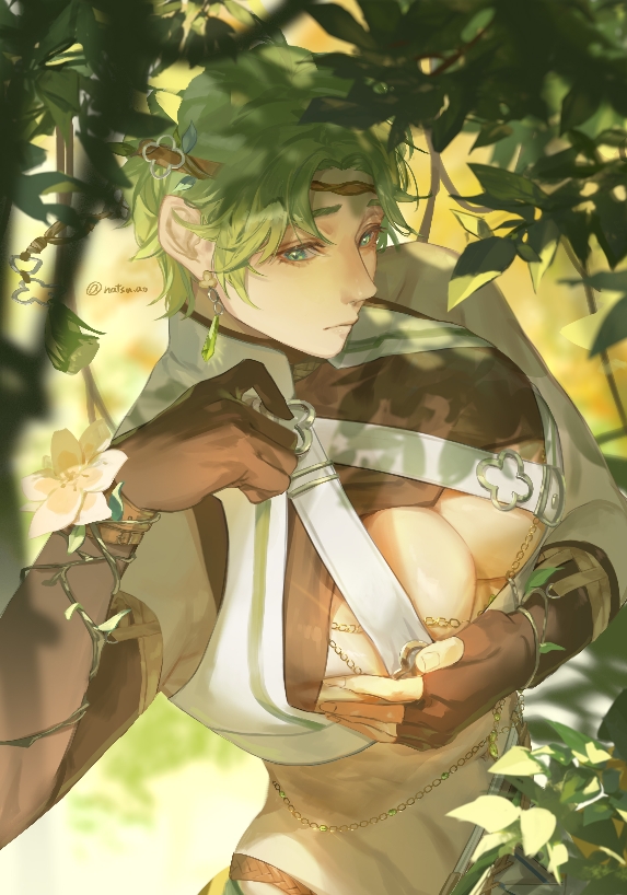 1boy, adjusting_clothes, black_gloves, chain, crop_top, earrings, fingerless_gloves, flower, gem, gloves, green_eyes, green_hair, headband, jewelry, large_pectorals, leaf, long_sleeves, male_focus, natsu_ao, nu_carnival, olivine_(aqua_bloom)_(nu_carnival), olivine_(nu_carnival), pectorals, short_hair, white_flower